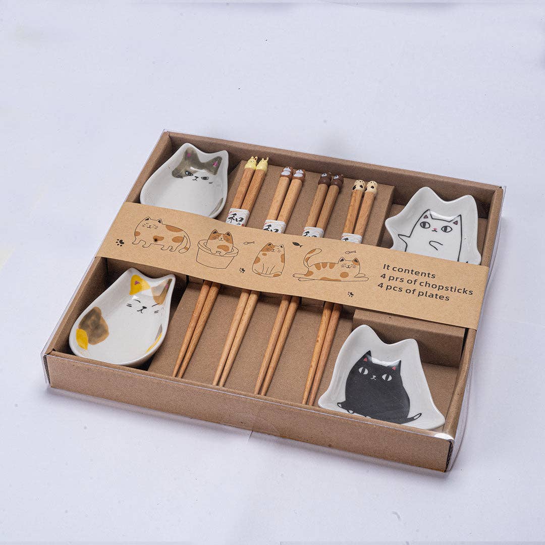 Cute Cats Wooden Chopsticks and Sauce Dish - SET of 4