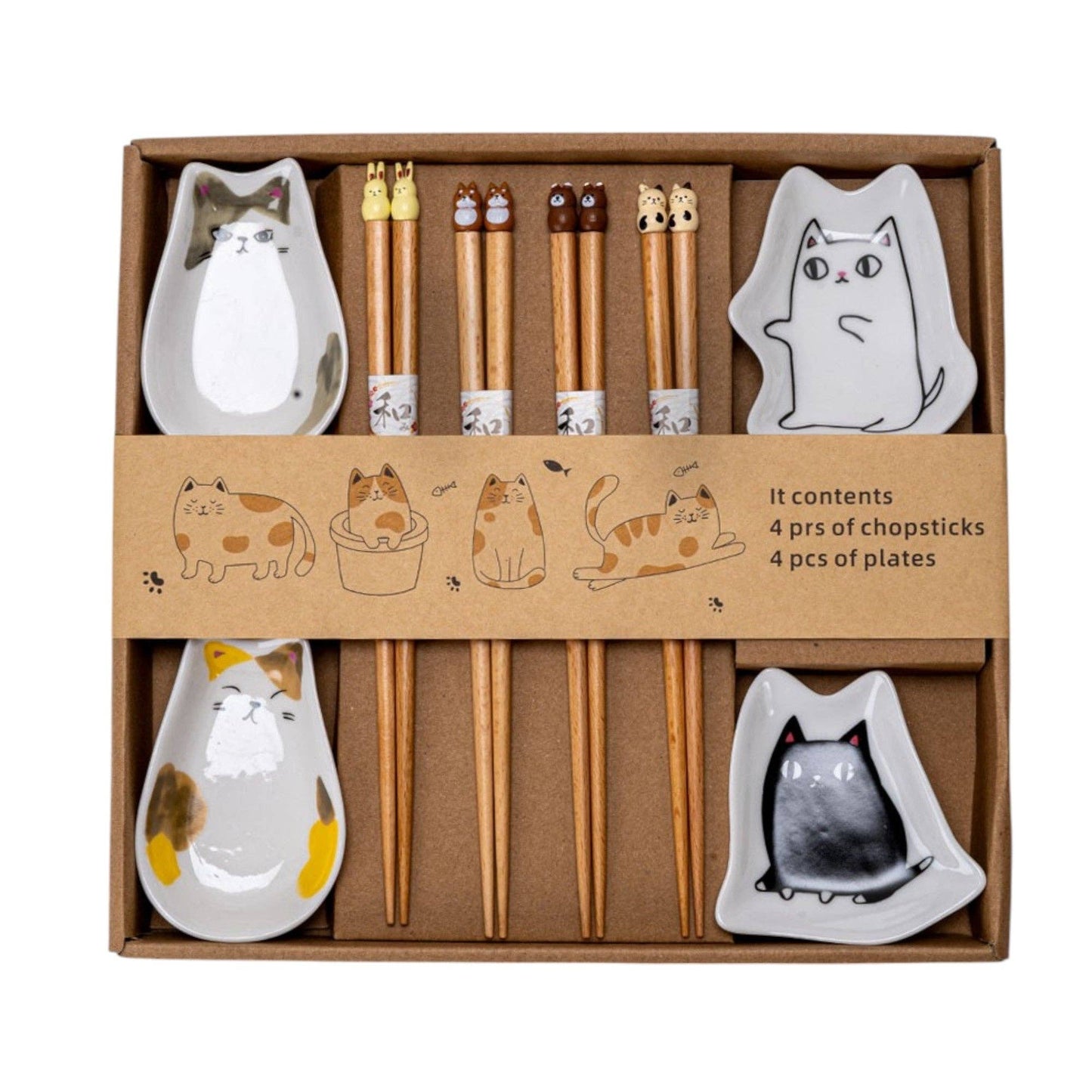 Cute Cats Wooden Chopsticks and Sauce Dish - SET of 4