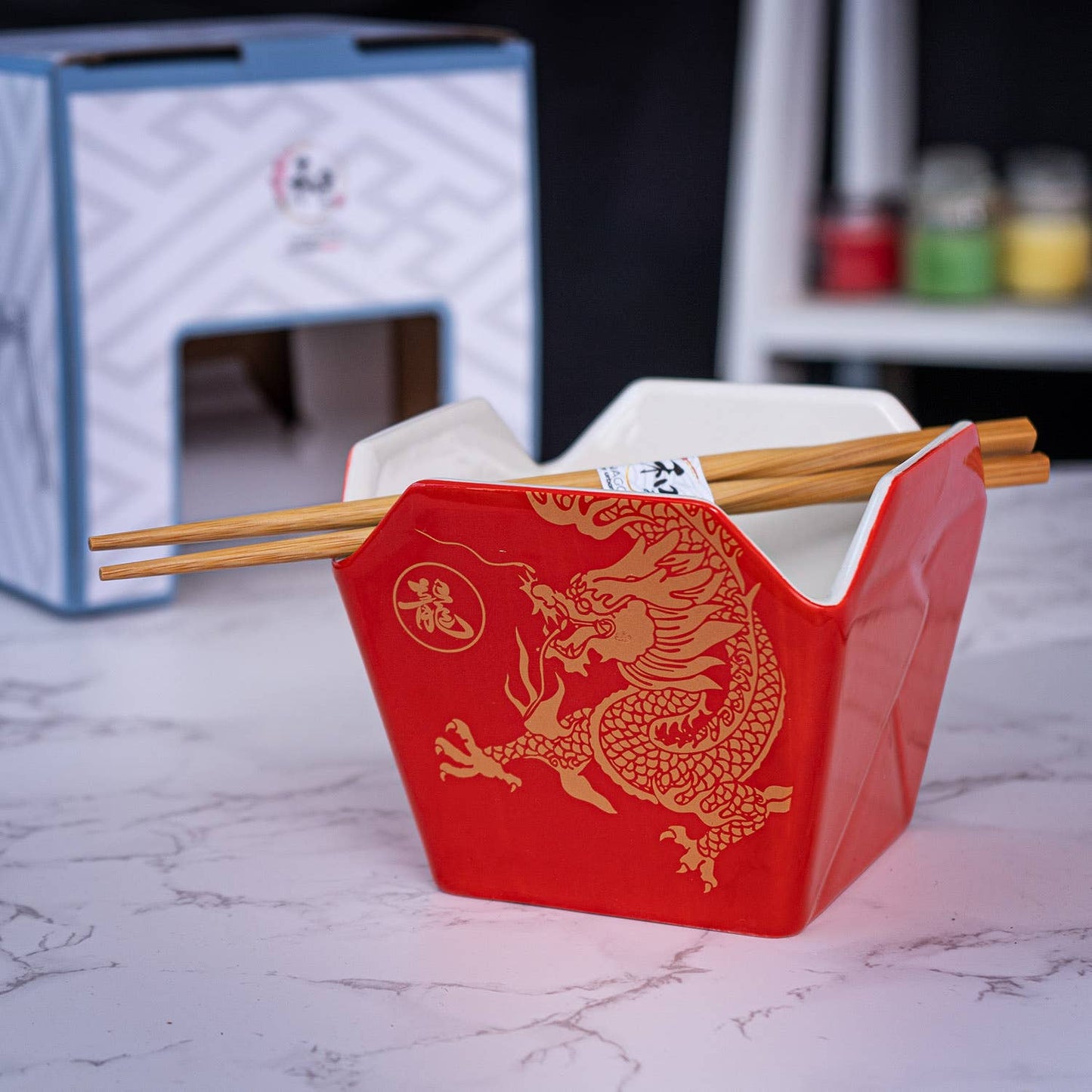 Takeout Box Serving Bowl With Chopsticks Red Dragon - 16oz