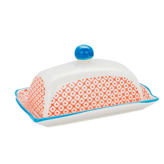 Butter Dish - Nicola Patterned Butter Dish - Orange and Blue