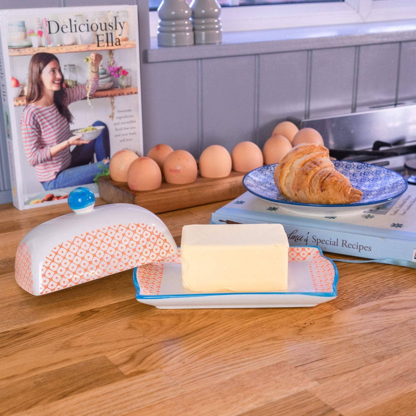 Butter Dish - Nicola Patterned Butter Dish - Orange and Blue
