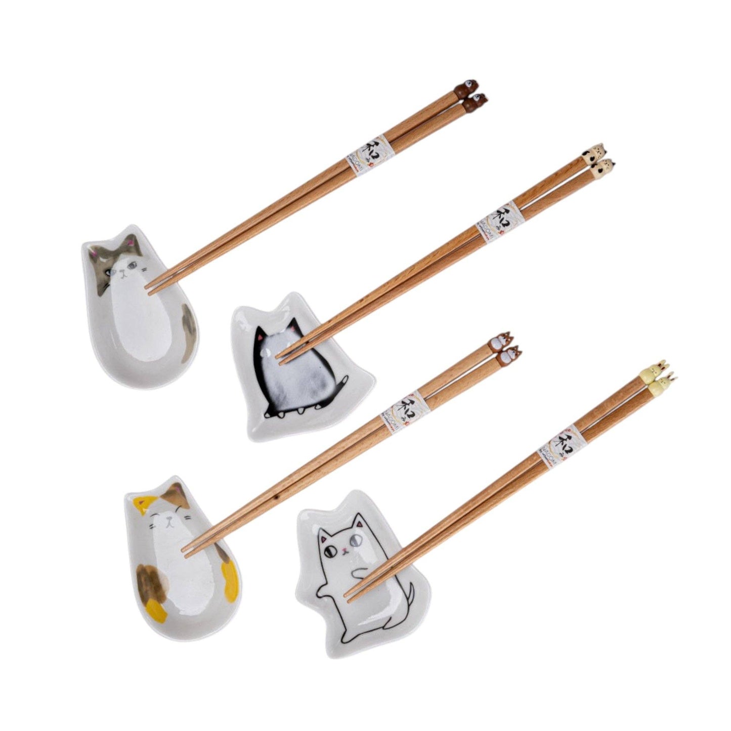 Cute Cats Wooden Chopsticks and Sauce Dish - SET of 4