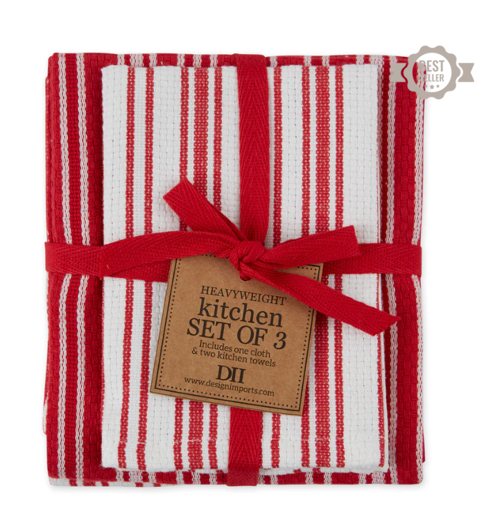 Classic Stripe - Heavyweight Kitchen Towel - Set of 3 - Red